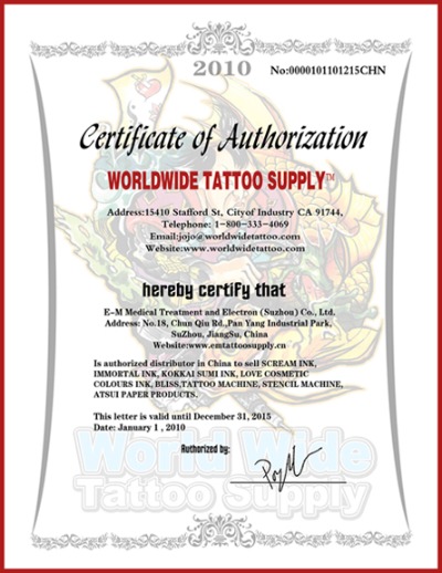 Immortal  on Certificate Of Authorization By Worldwide Tattoo Supply   E M Medical