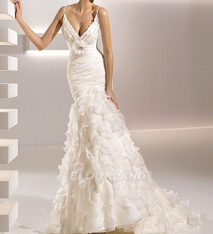 Spaghetti strap Organza Ivory White Bride Wedding Dresses Wedding Gowns