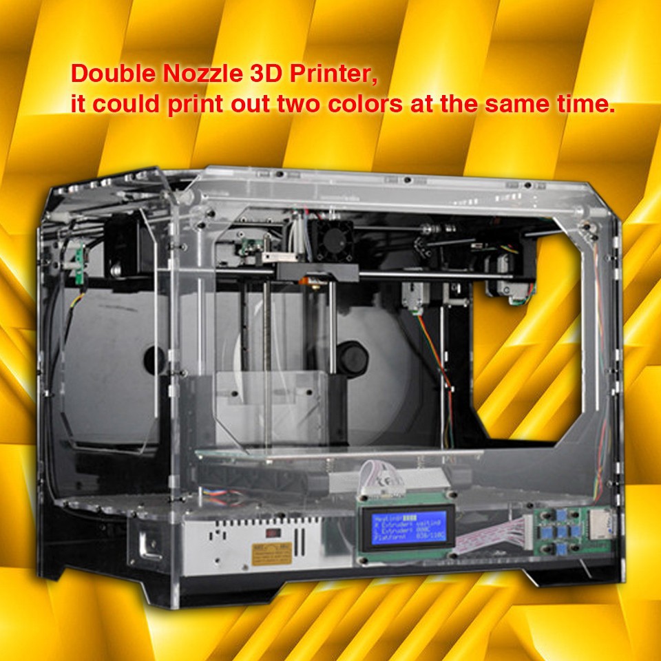 002Double Nozzle 3D Printer,it could print out two colors at the same time.