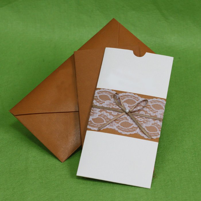  handmade pocket wedding invitation with lace decorationEA870