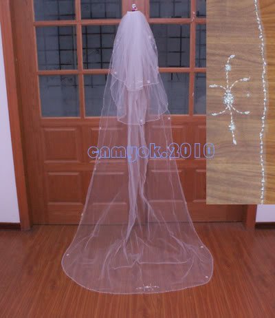 Beaded Edge 3 Tier White Ivory Cathedral Length Wedding Veil