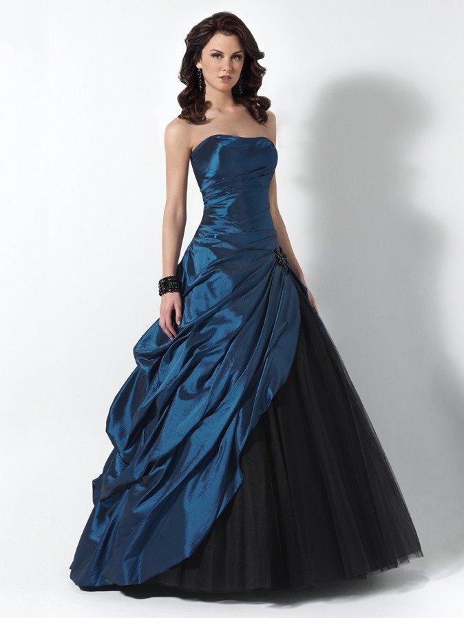 Peacock Blue Strapless Taffeta New Tulle and Organza Formal Prom Dresses