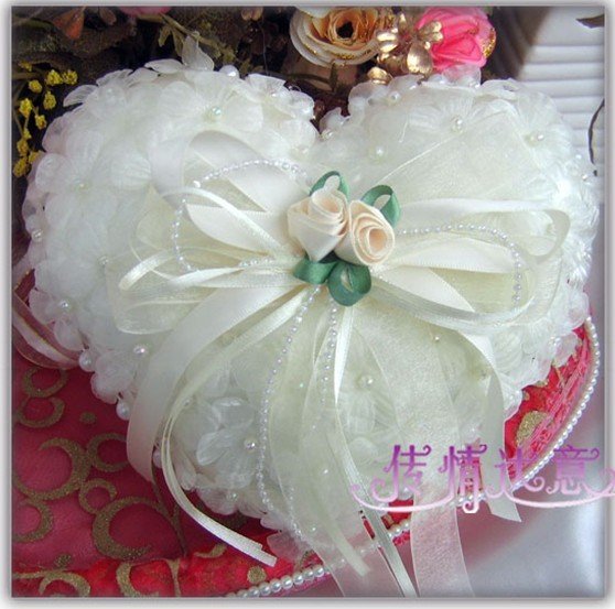 Wedding gift heart shape lace flower decor romantic satin ring pillow 