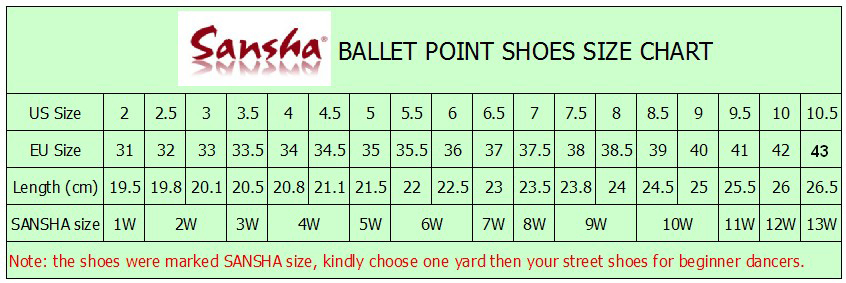 Ballet Pointe Shoes Size Chart