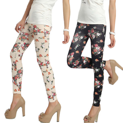 New Style Women\'s Retro Rose Flower Print Leggings...