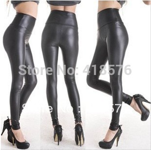 Fashion Black High Waist Stretch Faux Leather Loo...