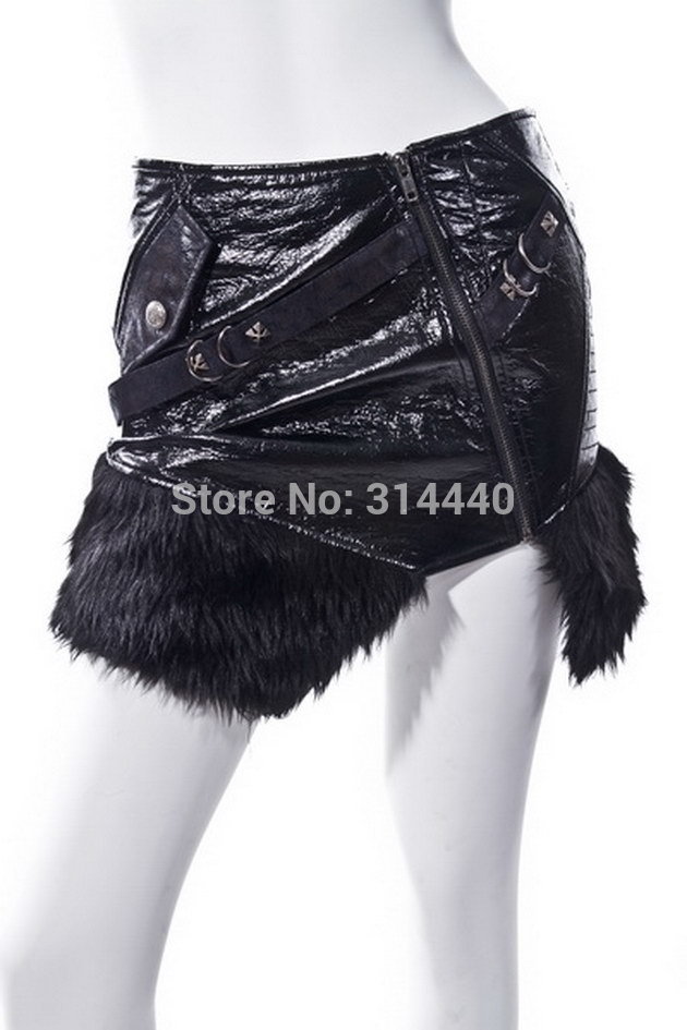RQ-BL Gothic Skirt Leather Fur Mini Skirt Zipper B...