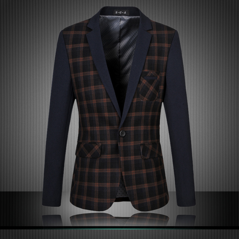 Hot-Selling 2014 Blazer Men Hight Quality Patchwork Plaid Men Suit Jacket Fashion Men Blazer Slim Fit Plus Size 4XL 5XL 6XL