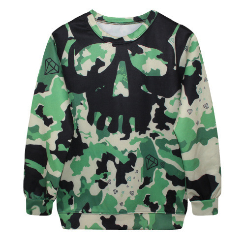 2015 Freeshipping New Print Contrast Color Pullovers Fashion Thin Digital 3d Printing Camouflage Cute Skull Sweatershirt G134