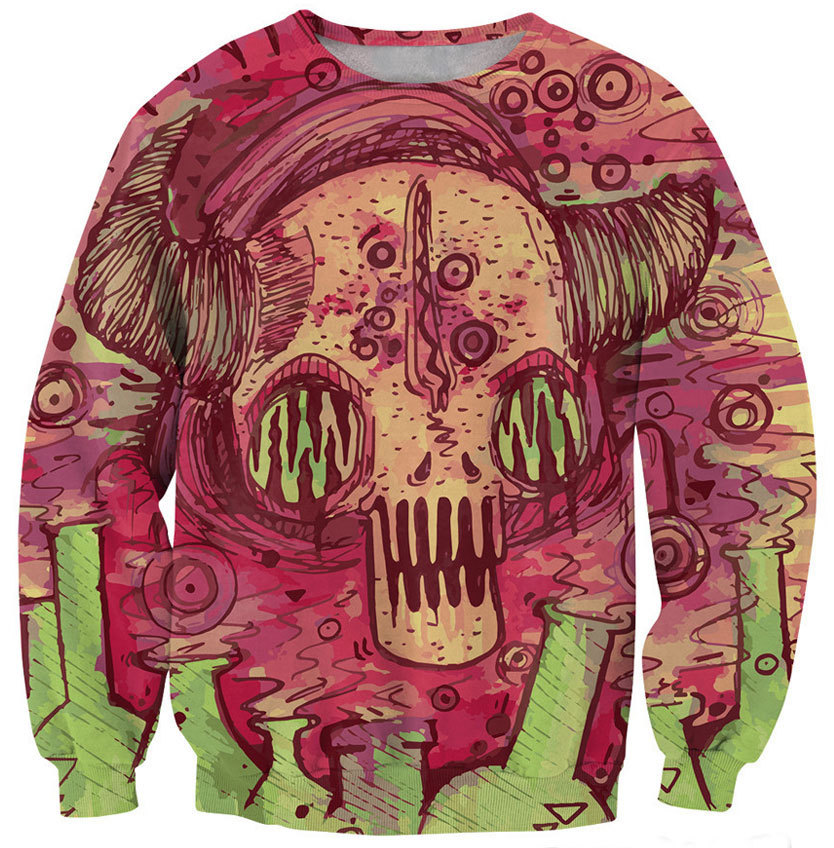 2015 Freeshipping Print Contrast Color Pullovers New Punk Fashion Thin Digital Funny Skull Couple Loose Sweatershirt G207