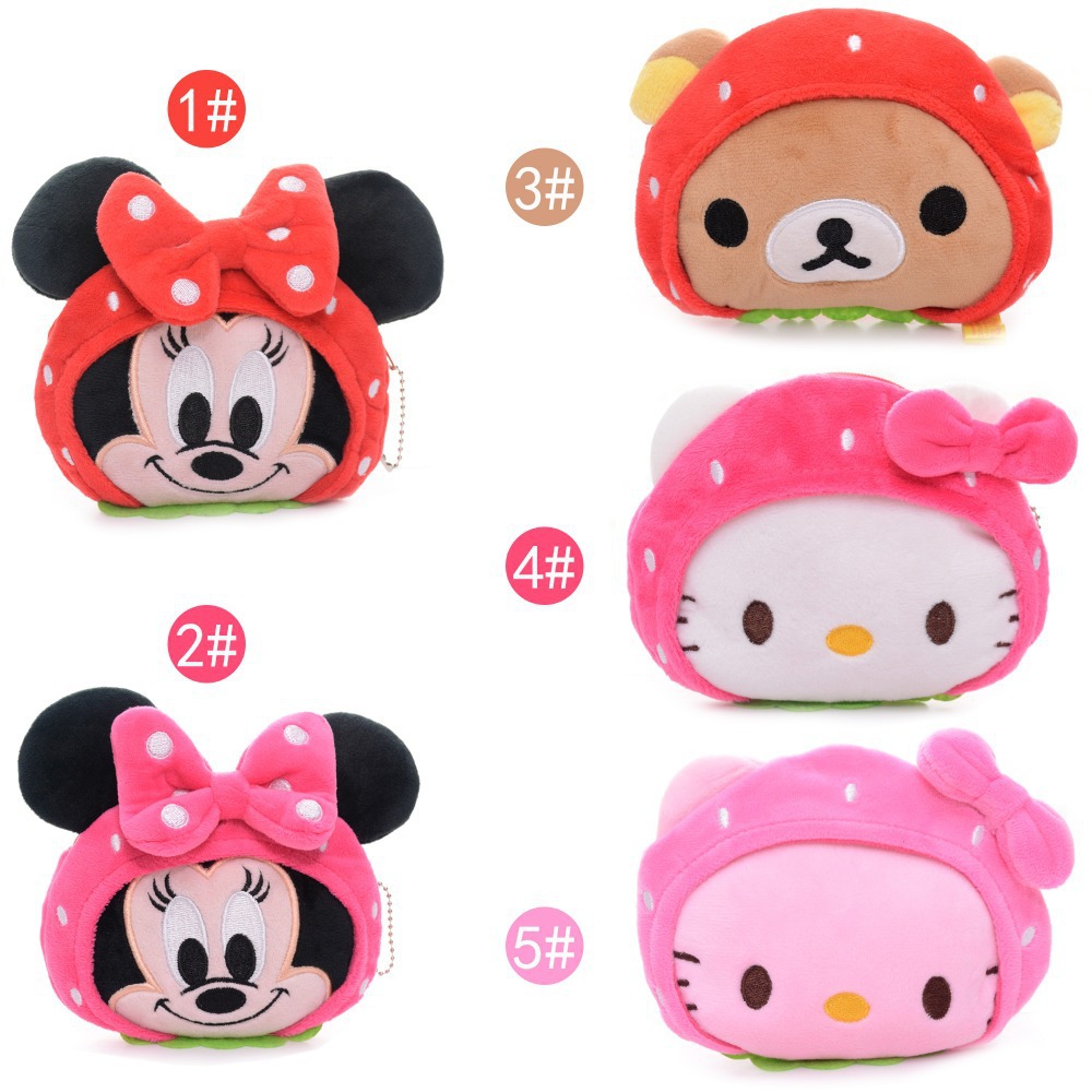 Portable Cartoon Strawberry Hello Kitty Minnie Rilakkuma bear Plush Girls Kids Mini Coin Purse + Chain 5*4\'\' New #LN