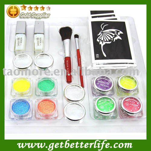 UV Glitter tattoo kit 8 colors with powder glue tube brush stencil free 