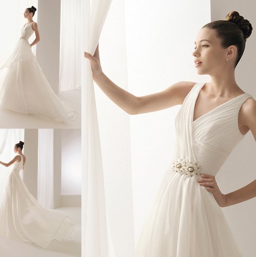  VNeck Chiffon Court Train Ivory Wedding Dresses Bridal Gown 056