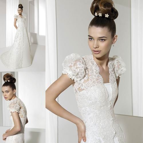  Strapless Court Train Ivory with Long Lace Jacket Wedding Dress Bridal 