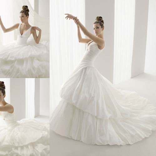  VNeck Chapel Train White Ruffle Wedding Dresses Bridal Gown0938