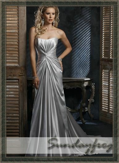 Free Shipping Sundayfrog Sheath Gown Strapless Satin Ruched Silver Custom