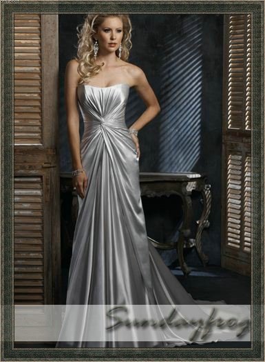 Free Shipping Sundayfrog Sheath Gown Strapless Satin Ruched Silver Custom 