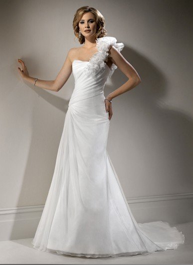 Sexy Style white Chiffon A line Sleeveless Lace Wedding Dresses one shoulder