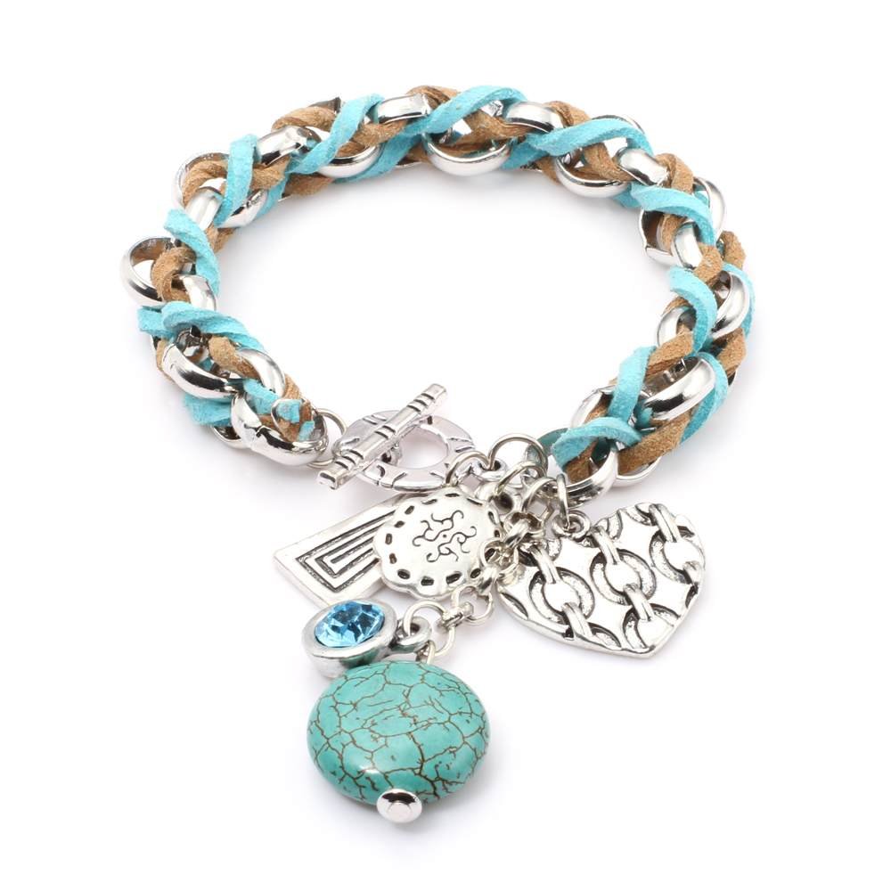 Fashion Jewelry Blue Leather String Alloy Turquoise Pandent bracelets ...
