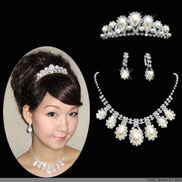 Sweet Lovely Ivory Jewelry Sets pearl necklace earrings Tiaras wedding 
