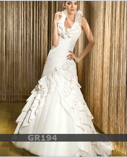 Deluxe traffeta dress with ruffle haltermultitiered skirt Laceup back