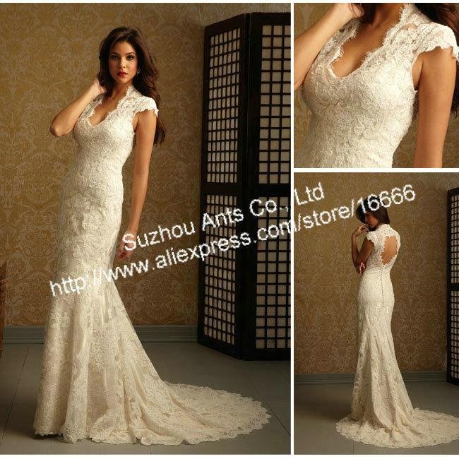Cap Sleeve Mermaid 2012 lace Wedding Dress Backless Ivory Court Train Button