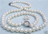 9.8 mm blanco perlas genuinas Aretes Collar (China (continental))