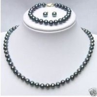 Niza 8-9mm Negro verde collar de perlas pulsera pendiente (China (continental))