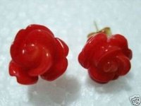 Tibet Silver natural pair of red coral flower earring(China (Mainland))