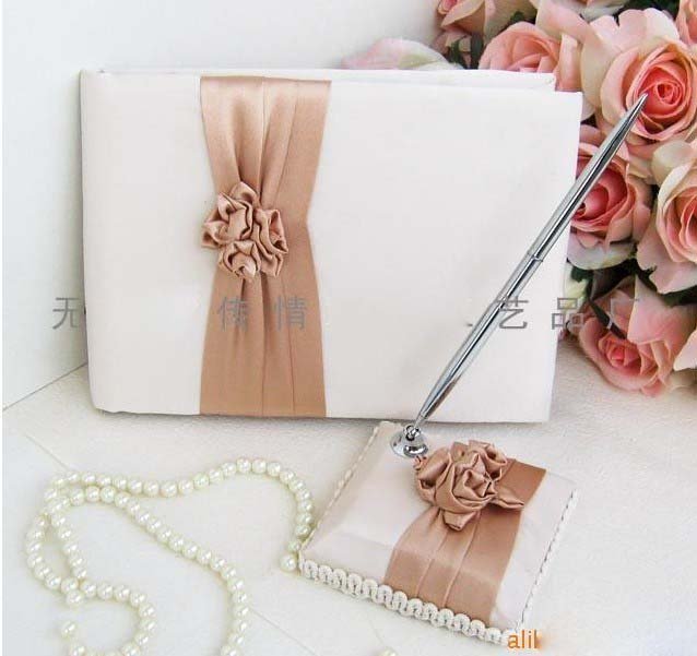 New arrival ivory white satin wedding guest book and pen with holder gift 