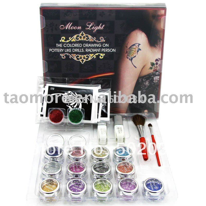 Temporary Tattoo kit15 colors glitter tattoo kit with tattoo stencils free