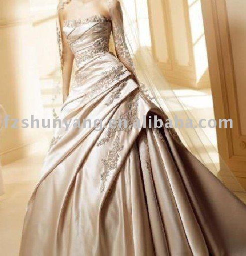 Wholesale Free Shipping Gold Strapless Embroidery Wedding Dress SizeCustom