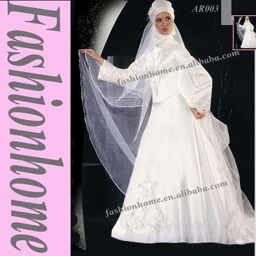Free Shipping Top Satin Long Sleeves Arabic Wedding Dress Muslim Islamic