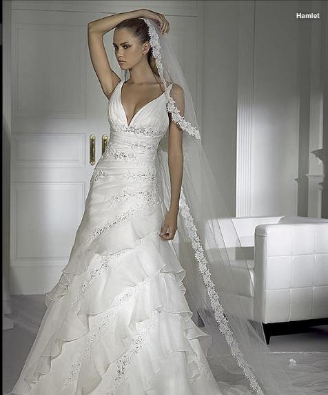 deep Vneckline sexy bridal dress multiruffles organza wedding gown 