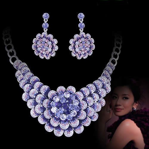 bridal jewelry set purple flower swaroki crystal necklace evening dress 