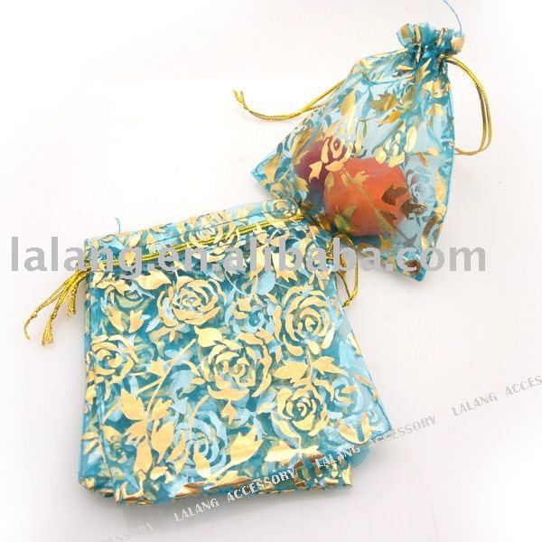 100x New Organza Dark Blue with Gold Flower Wedding Pouches Gift Bags 