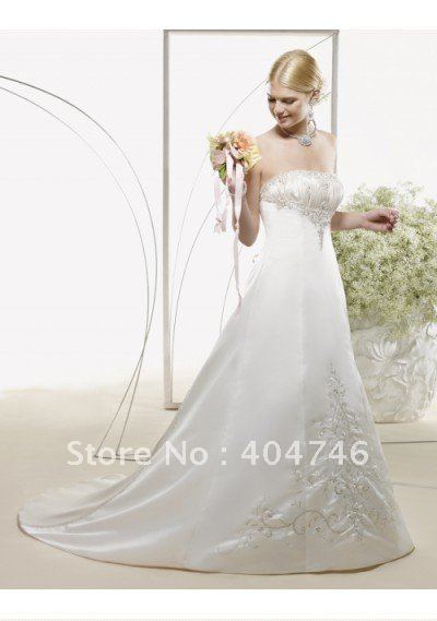 Free Shippingsatin strapless a line skirt with chapel train lace up wedding