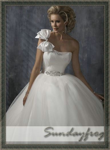  Ball Gown Handmade Bow OneShoulder Ivory Tulle Wedding Dresses Bridal 