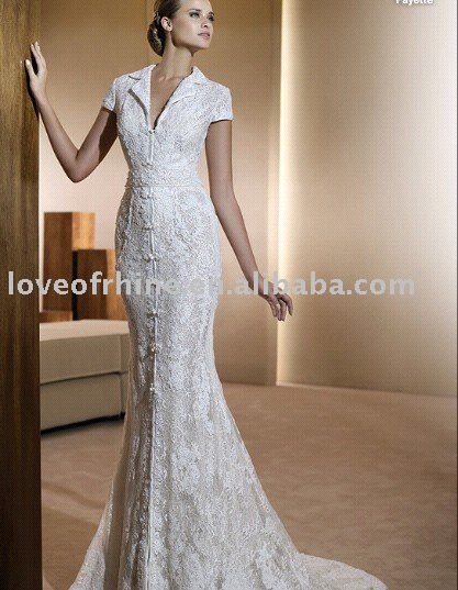 Wholesale lichyj1552 Wedding dresses lace short sleeve floorlength Aline 