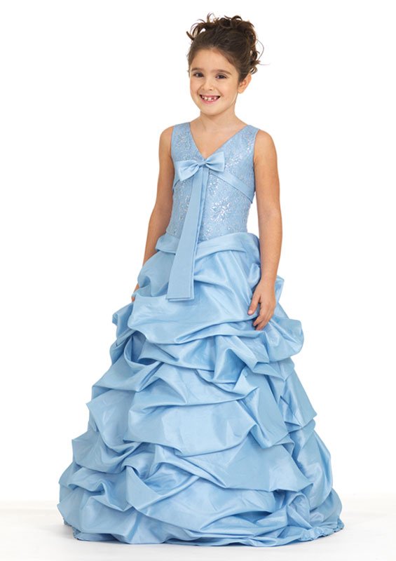  V Neck Top Embroidered BLUE Wedding Memorable Kids Flower Girl Dresses