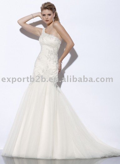 2011 fashion one shoulder princess mermaid tulle bridal gown wedding dress