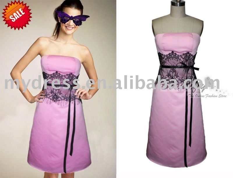  2011 Wholesale Strapless PinkBlack Lace Bridesmaid Wedding Dress JH192