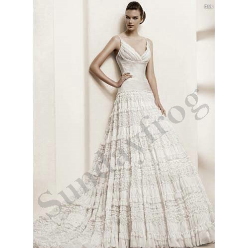  Plunging Neckline Lace Empire ALine Gown Ruffle Wedding Dresses Bridal 