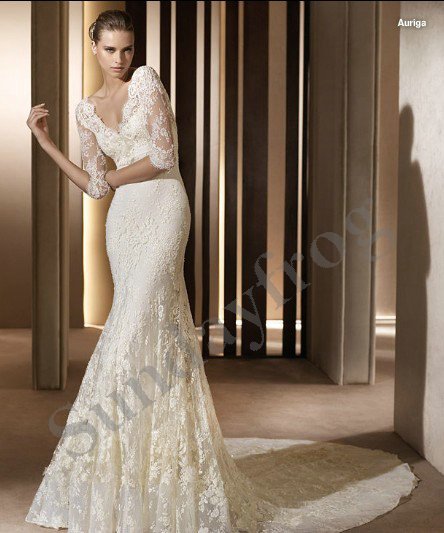  Beaded Lace Mermaid Quarter Sleeve Wedding Dresses Bridal Gowns LS317