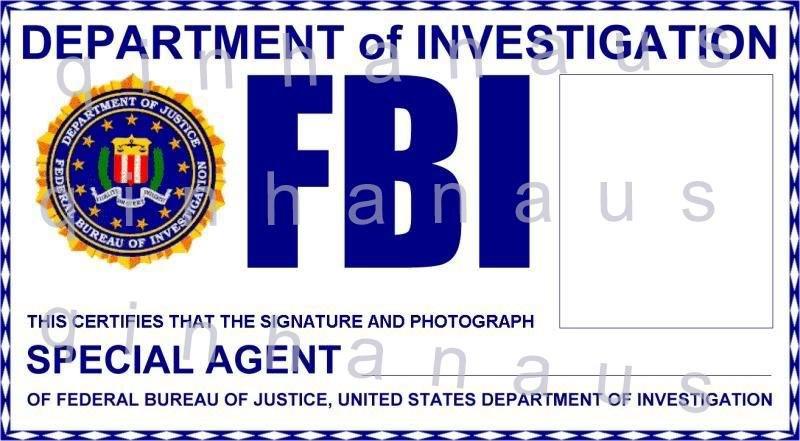 id card, FBI F.B.I, custom personalized ur pic FBI F.B.I PVC movie id