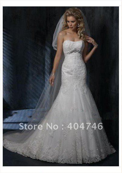 Free Shippingtulle or dot lace strapless empire fitted mermaid dress with