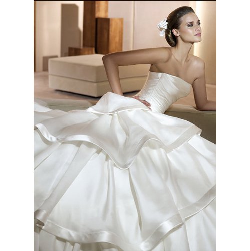 LaS Princess Strapless Layered Ruffles Court Train Bridal Wedding Dresses