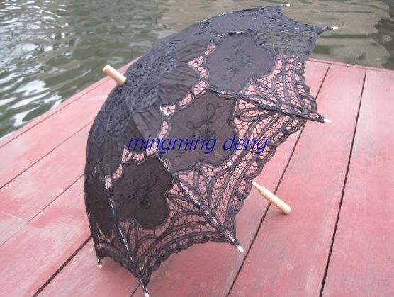 Gothic Black Full Batten Lace Parasol Umbrella Wedding free ship
