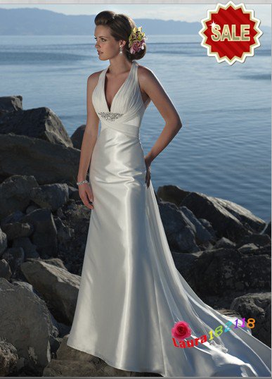 2011 New Arrivel Aline Simple Sleeveless Vneck Satin Beach Wedding Dresses 