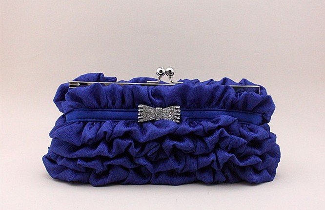 FreeshippingSapphire blue Bowknot wedding handbagSatin ripple pattern 